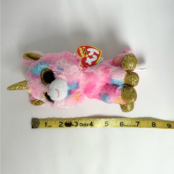 Ty Beanie Boo Pink Plush Unicorn Fluffy Fantasia Sparkly Gold Eyes Horn Feet NWT - Picture 11 of 11